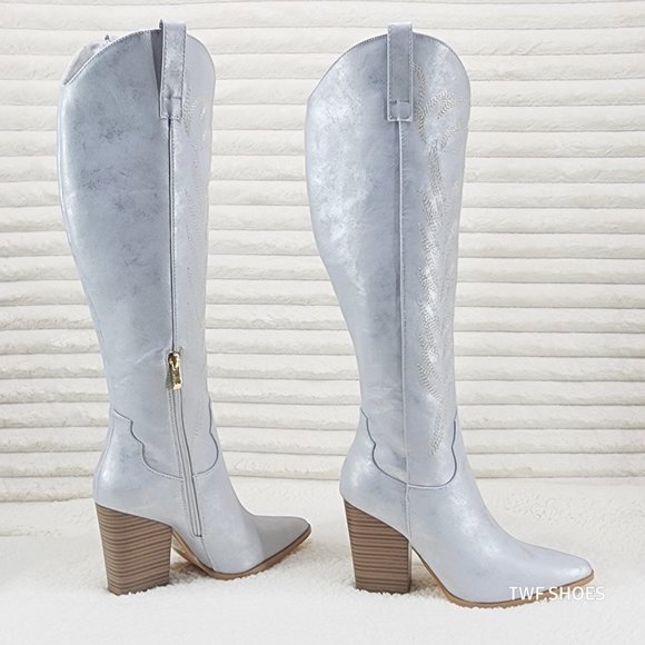 Cruising Brushed Metallic Western Cowgirl Knee Boots Silver - Picture 4 of 15